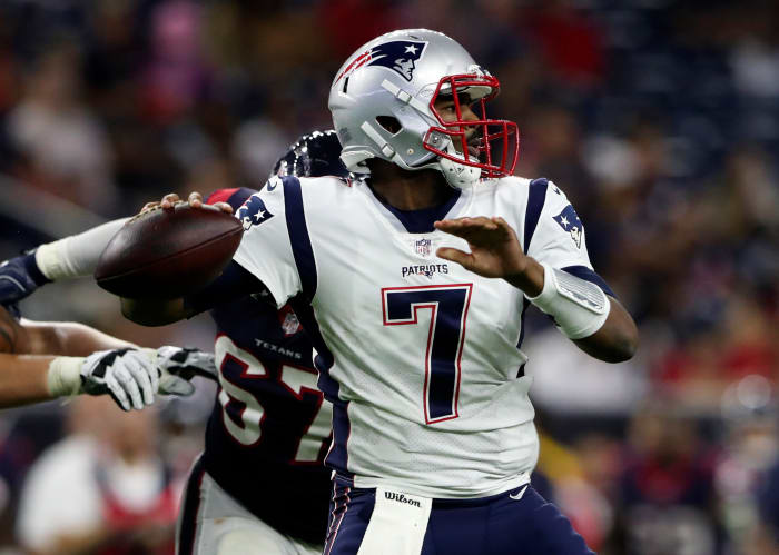Aug 19, 2017; Houston, TX, USA; New England Patriots quarterback Jacoby Brissett (7) throws during the second half against the Houston Texans at NRG Stadium.